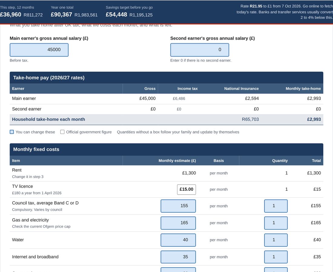 The monthly budget step showing take-home pay and costs