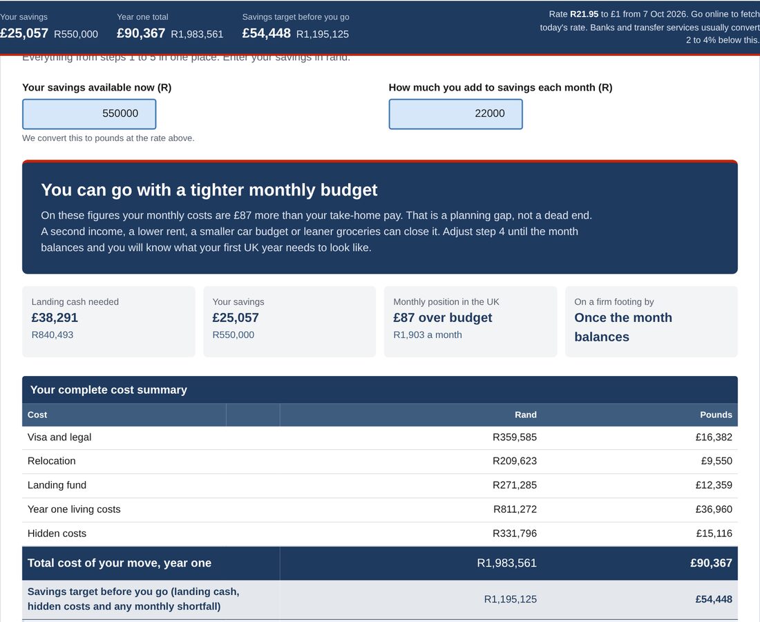 The verdict screen of the browser calculator, with savings, landing cash and monthly position